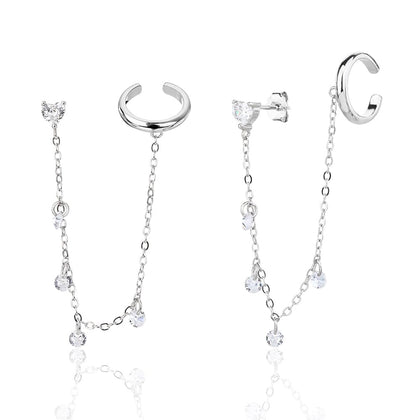 עגילי שני חורים עם שרשרת עדינה